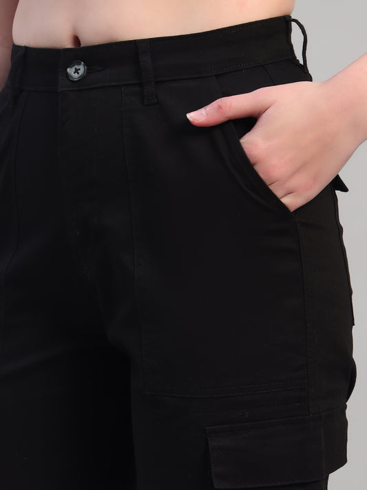 Women Black Solid Full Length Regular Fit Cargo