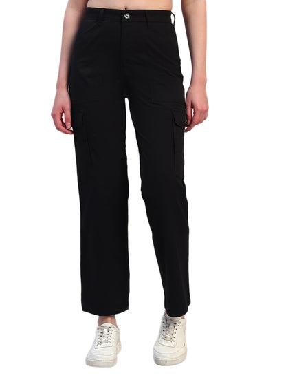 Women Black Solid Full Length Regular Fit Cargo