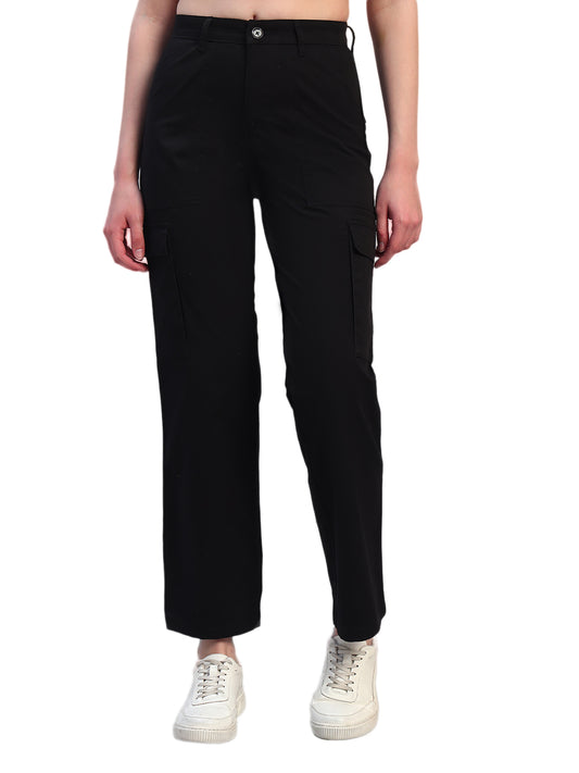 Women Black Solid Full Length Regular Fit Cargo