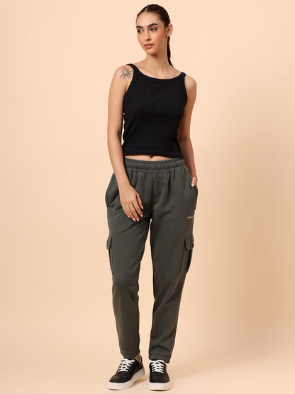 Women's Olive Green Solid Regular Fit Casual Cargo