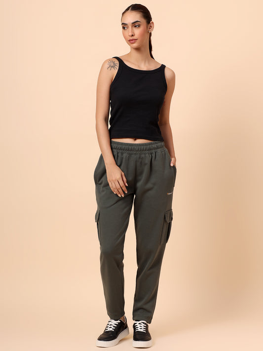 Women's Olive Green Solid Regular Fit Casual Cargo