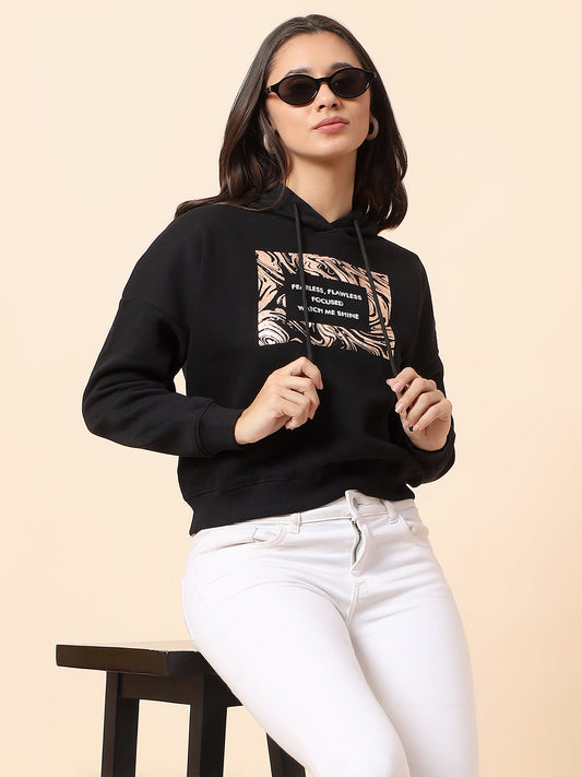 Crop Sweatshirt for Women l Winter Wear Poly Cotton Fabric Closure Hooded Regular Fit Printed Pattern