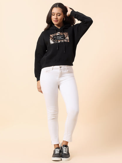 Crop Sweatshirt for Women l Winter Wear Poly Cotton Fabric Closure Hooded Regular Fit Printed Pattern