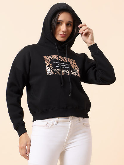 Crop Sweatshirt for Women l Winter Wear Poly Cotton Fabric Closure Hooded Regular Fit Printed Pattern