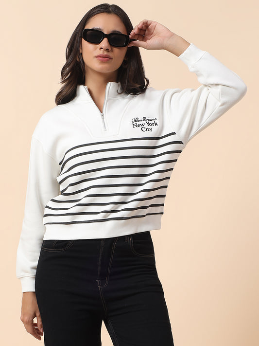 Crop Sweatshirt for Women l Winter Wear Poly Cotton Fabric Closure Zipper Regular Fit Striped Pattern