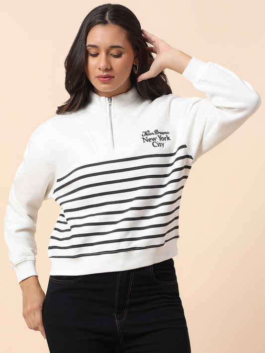 Crop Sweatshirt for Women l Winter Wear Poly Cotton Fabric Closure Zipper Regular Fit Striped Pattern