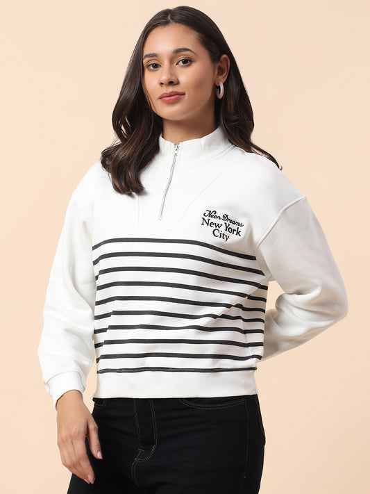 Crop Sweatshirt for Women l Winter Wear Poly Cotton Fabric Closure Zipper Regular Fit Striped Pattern