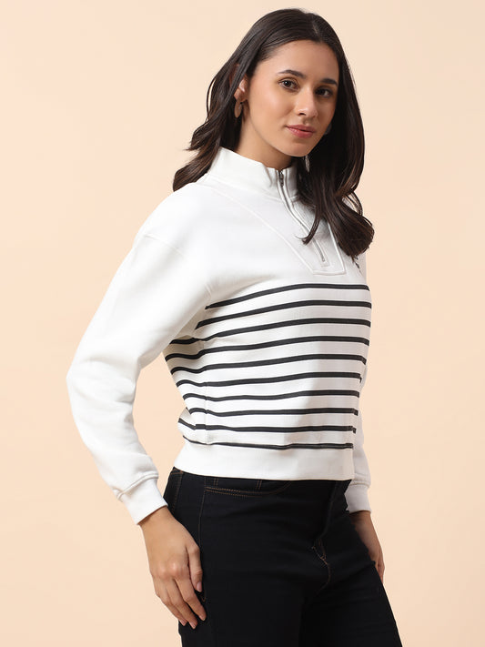 Crop Sweatshirt for Women l Winter Wear Poly Cotton Fabric Closure Zipper Regular Fit Striped Pattern