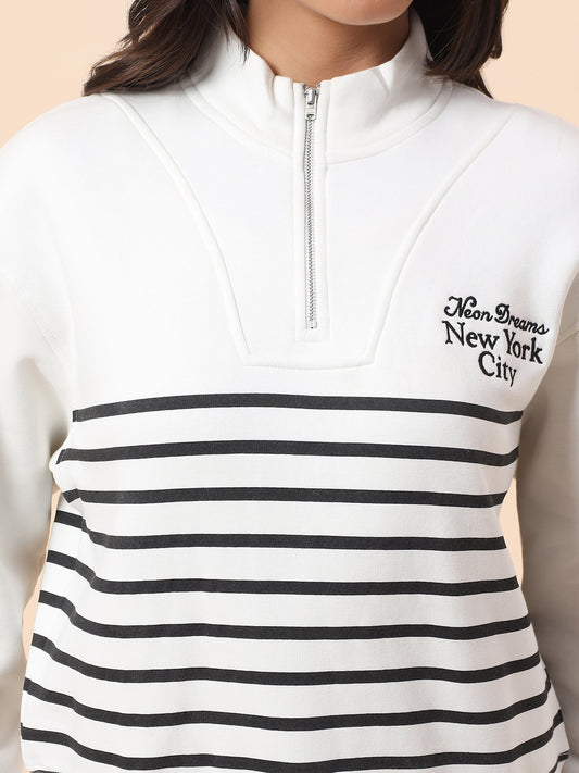 Crop Sweatshirt for Women l Winter Wear Poly Cotton Fabric Closure Zipper Regular Fit Striped Pattern