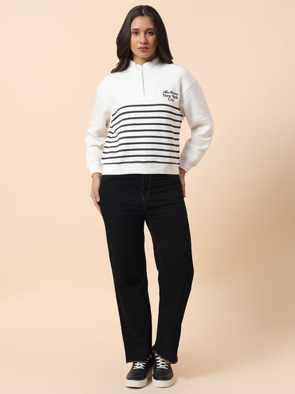 Crop Sweatshirt for Women l Winter Wear Poly Cotton Fabric Closure Zipper Regular Fit Striped Pattern