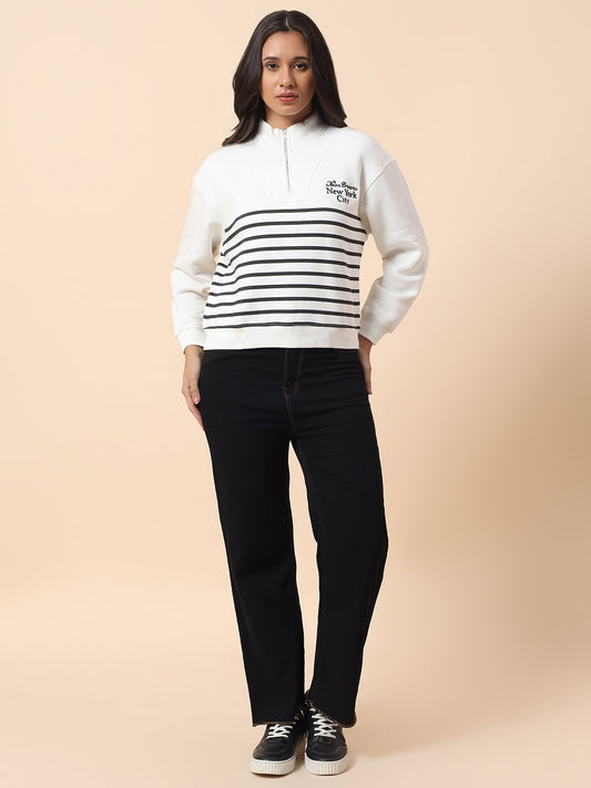 Crop Sweatshirt for Women l Winter Wear Poly Cotton Fabric Closure Zipper Regular Fit Striped Pattern