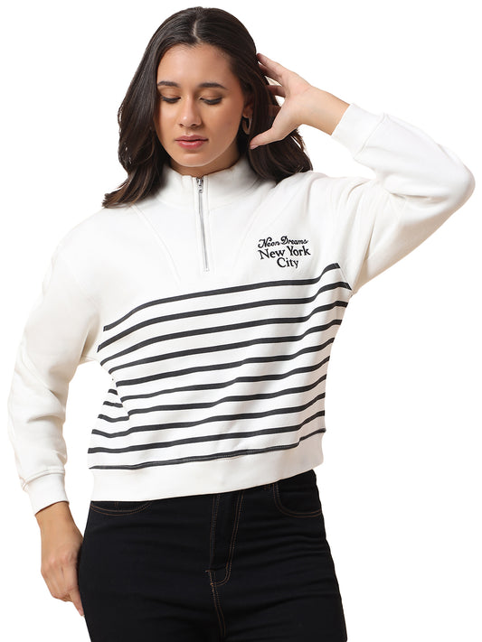 Crop Sweatshirt for Women l Winter Wear Poly Cotton Fabric Closure Zipper Regular Fit Striped Pattern