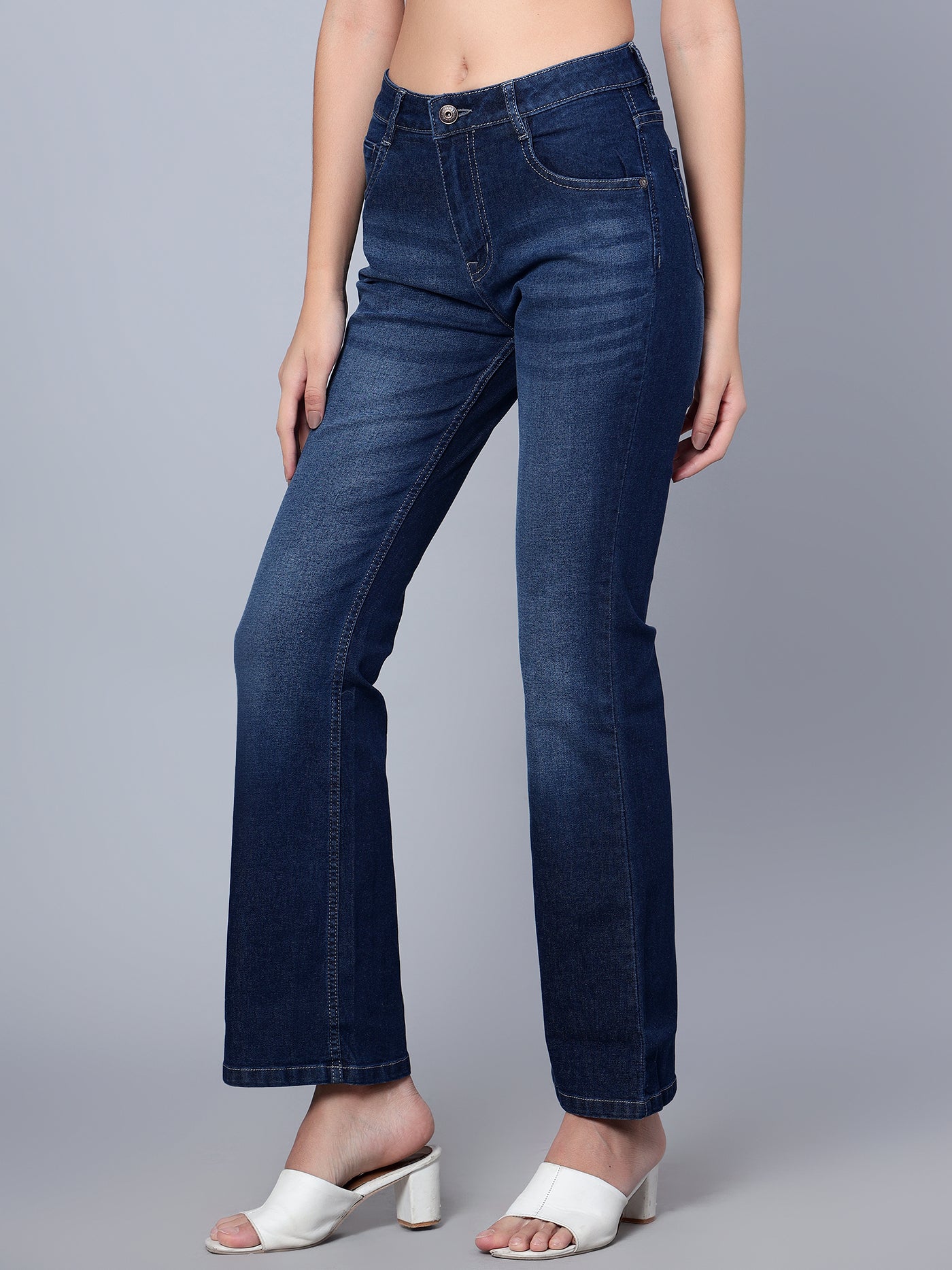 Women's Casual Slim Fit Dark Mercerised Blue Light Fade Mid rise Jeans