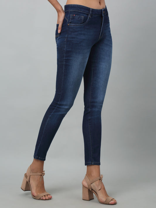 Women's Casual Skinny Fit Dark Mercerised Blue Light Fade Mid rise Jeans