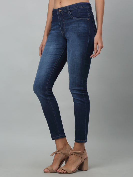 Women's Casual Skinny Fit Dark Mercerised Blue Light Fade Mid rise Jeans
