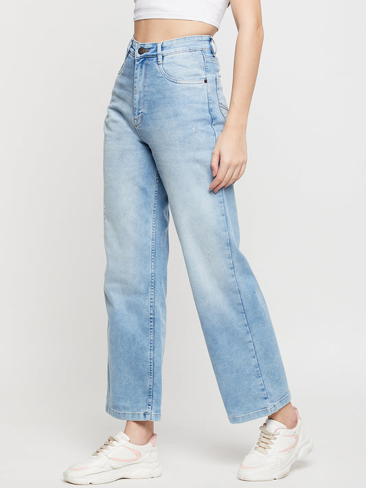 Women's Casual Slim Fit Light Mercerised Blue Heavy Fade High Rise Jeans
