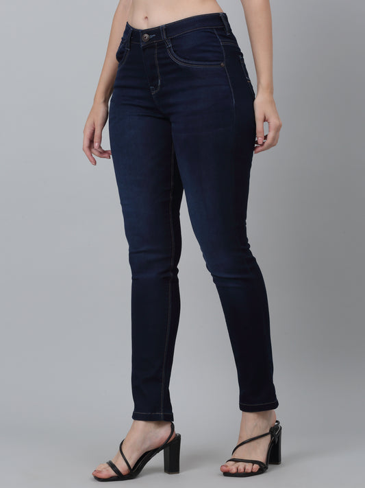 Women's Casual Skinny Fit Dark Mercerised Blue No Fade Mid rise Jeans