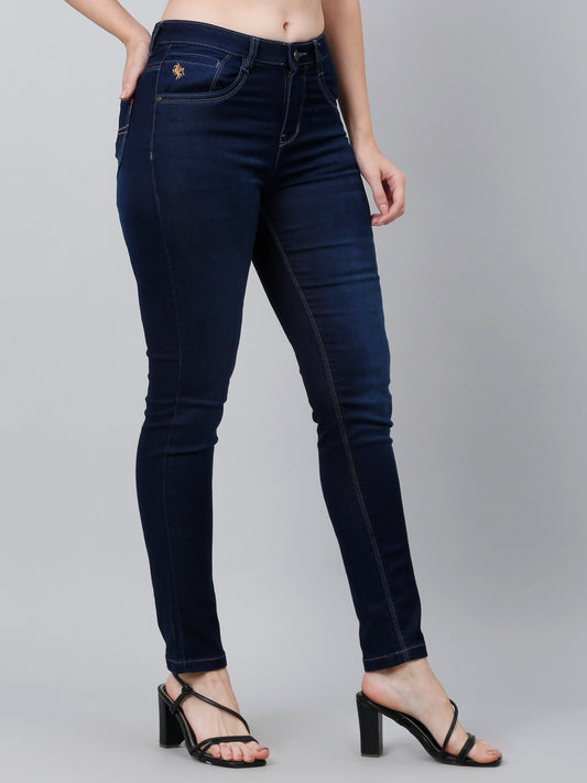 Women's Casual Skinny Fit Dark Mercerised Blue No Fade Mid rise Jeans