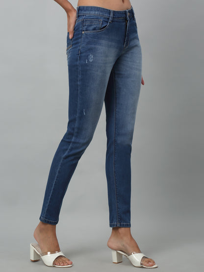 Women's Casual Skinny Fit Mercerised Blue Medium Fade Mid rise Jeans