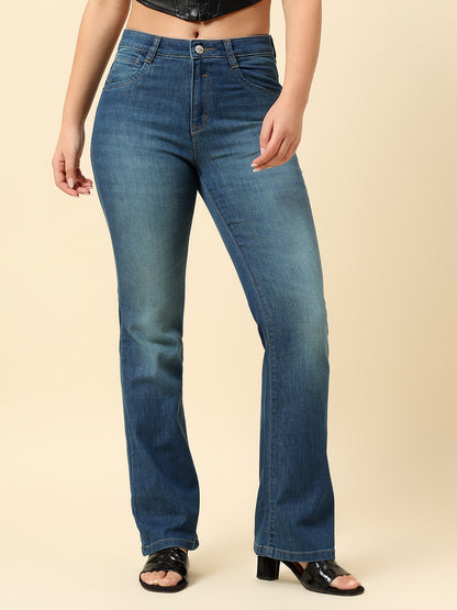 Denim Jeans for Women | Breathable & Soft with Color Fastness Boot Cut Cotton Blend Fabric Solid Pattern Button Closure