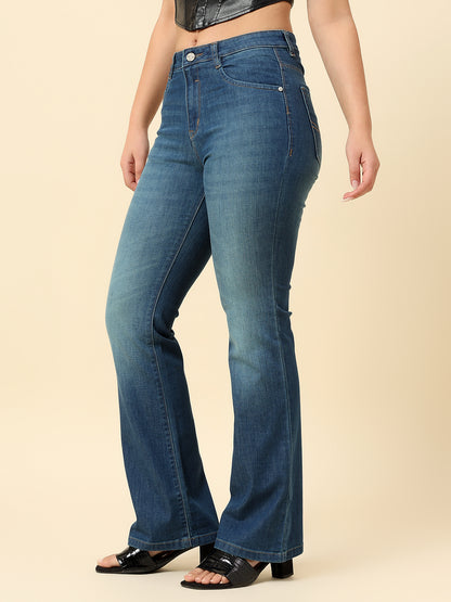Denim Jeans for Women | Breathable & Soft with Color Fastness Boot Cut Cotton Blend Fabric Solid Pattern Button Closure