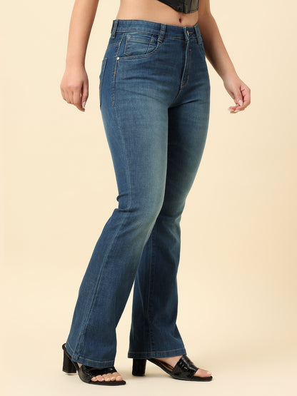 Denim Jeans for Women | Breathable & Soft with Color Fastness Boot Cut Cotton Blend Fabric Solid Pattern Button Closure