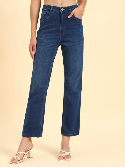 Women's Blue Solid Regular Fit Casual Jeans