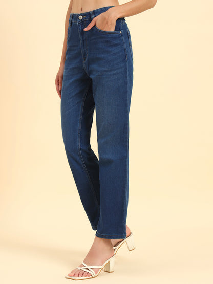 Women's Blue Solid Regular Fit Casual Jeans