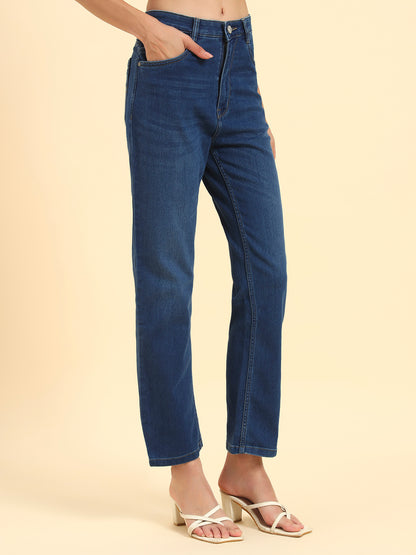 Women's Blue Solid Regular Fit Casual Jeans
