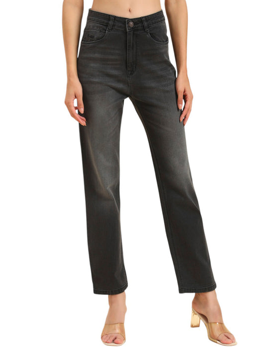Women's Black Solid Regular Fit Casual Jeans