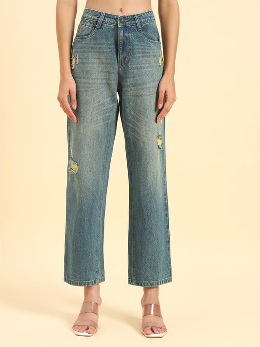 Women's Blue Solid Regular Fit Casual Jeans