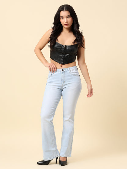 Denim Jeans for Women | Breathable & Soft with Color Fastness Boot Cut Cotton Blend Fabric Solid Pattern Button Closure