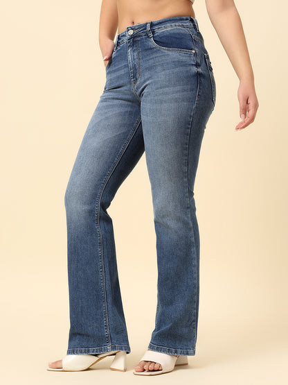 Denim Jeans for Women | Breathable & Soft with Color Fastness Boot Cut Cotton Blend Fabric Solid Pattern Button Closure