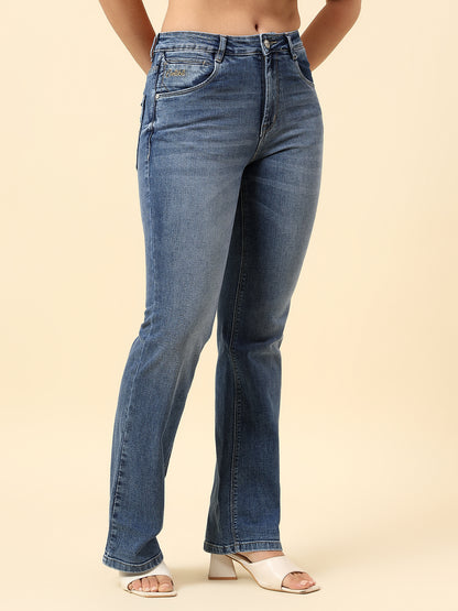 Denim Jeans for Women | Breathable & Soft with Color Fastness Boot Cut Cotton Blend Fabric Solid Pattern Button Closure