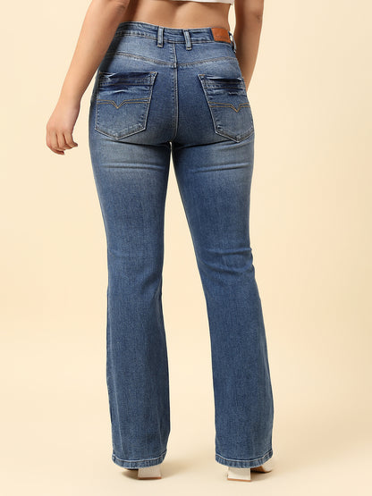 Denim Jeans for Women | Breathable & Soft with Color Fastness Boot Cut Cotton Blend Fabric Solid Pattern Button Closure