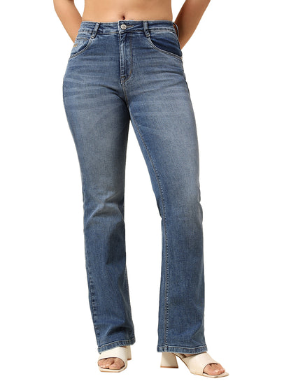 Denim Jeans for Women | Breathable & Soft with Color Fastness Boot Cut Cotton Blend Fabric Solid Pattern Button Closure