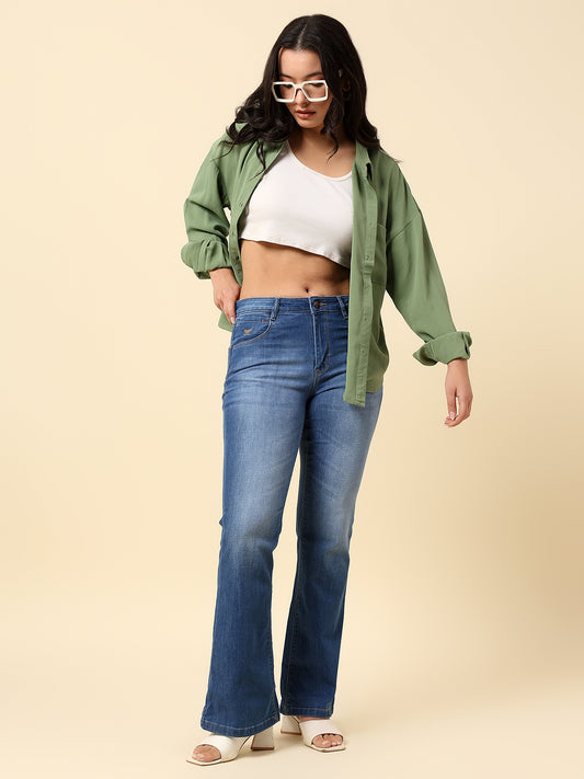 Denim Jeans for Women | Breathable & Soft with Color Fastness Boot Cut Cotton Blend Fabric Solid Pattern Button Closure