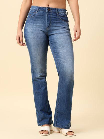 Denim Jeans for Women | Breathable & Soft with Color Fastness Boot Cut Cotton Blend Fabric Solid Pattern Button Closure
