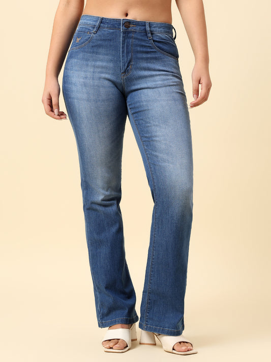 Denim Jeans for Women | Breathable & Soft with Color Fastness Boot Cut Cotton Blend Fabric Solid Pattern Button Closure