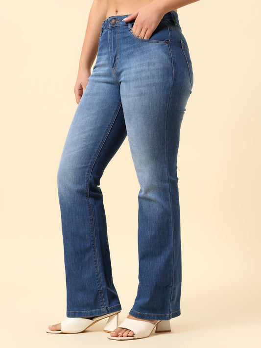 Denim Jeans for Women | Breathable & Soft with Color Fastness Boot Cut Cotton Blend Fabric Solid Pattern Button Closure