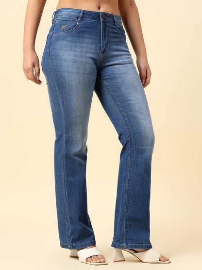 Denim Jeans for Women | Breathable & Soft with Color Fastness Boot Cut Cotton Blend Fabric Solid Pattern Button Closure