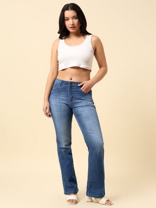 Denim Jeans for Women | Breathable & Soft with Color Fastness Boot Cut Cotton Blend Fabric Solid Pattern Button Closure