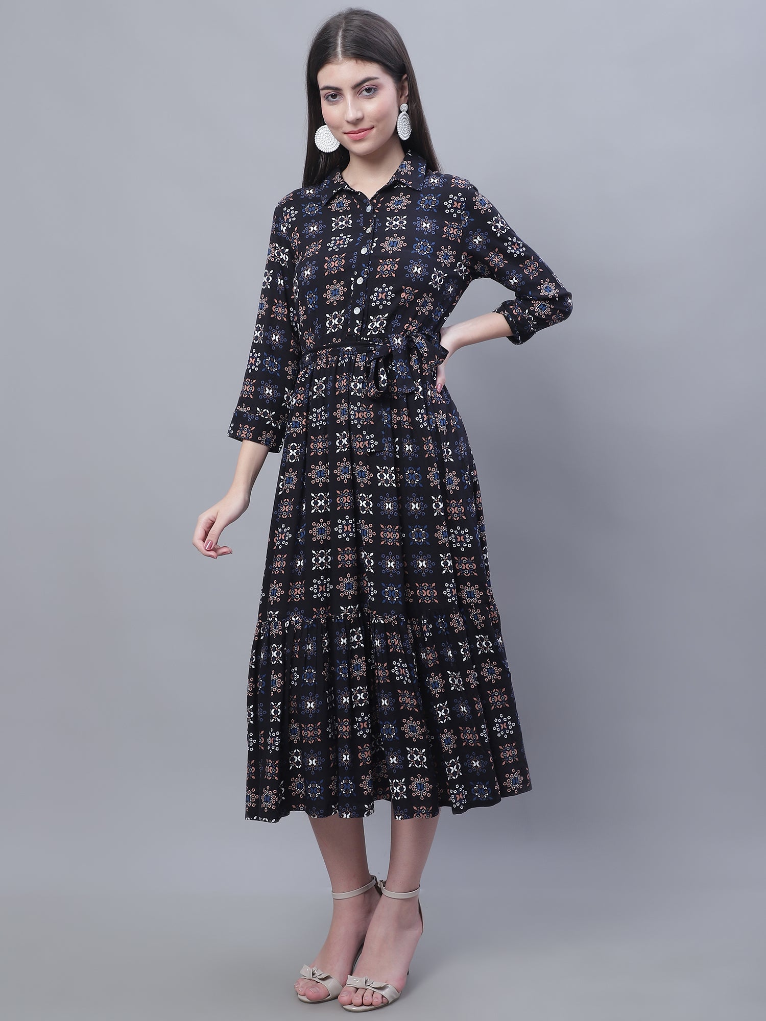 Cantabil Women Black Printed Dress (7136101531787)