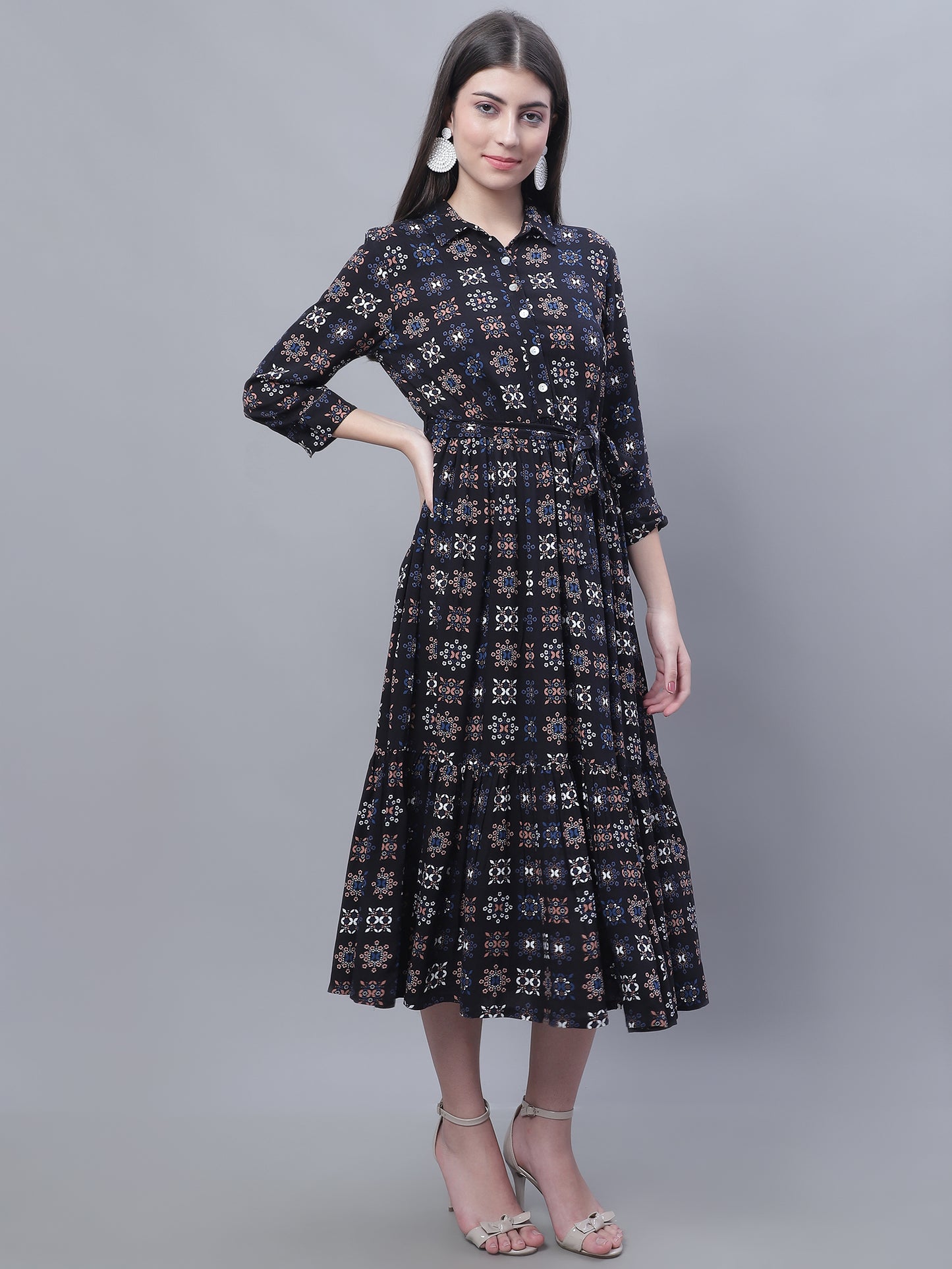 Cantabil Women Black Printed Dress (7136101531787)