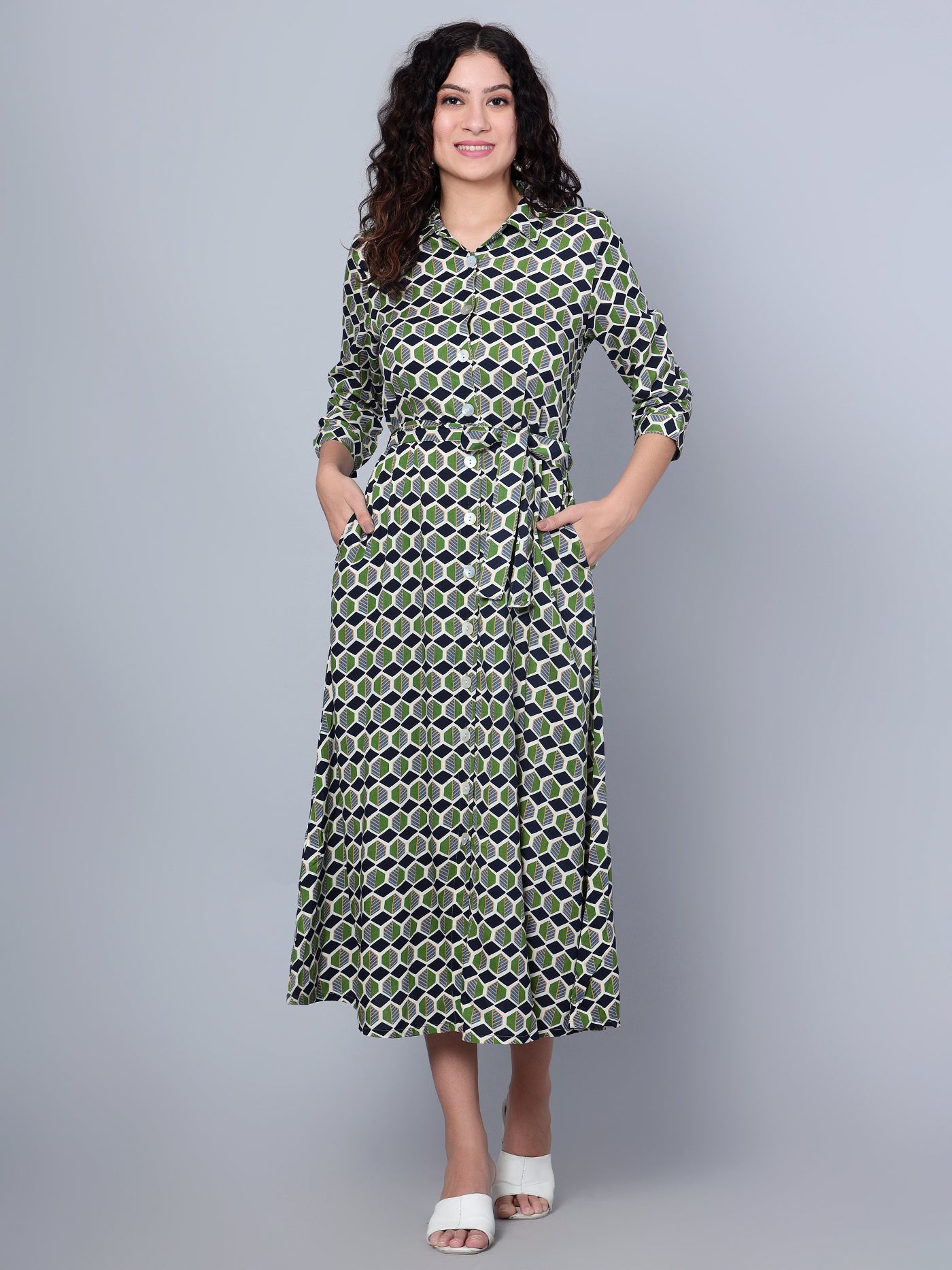 green geometric shirt dress Geometric Print Shirt Midi-dress