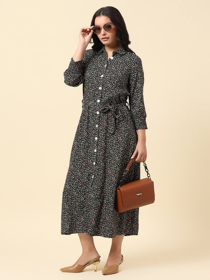 Dress for Women | Breathable & Soft with Color Fastness Regular Fit Spread Collar Viscose Rayon Fabric Printed Pattern