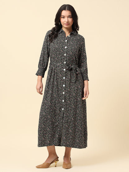 Dress for Women | Breathable & Soft with Color Fastness Regular Fit Spread Collar Viscose Rayon Fabric Printed Pattern