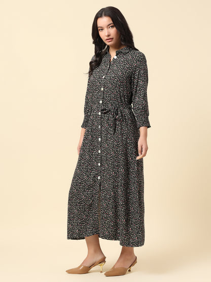 Dress for Women | Breathable & Soft with Color Fastness Regular Fit Spread Collar Viscose Rayon Fabric Printed Pattern