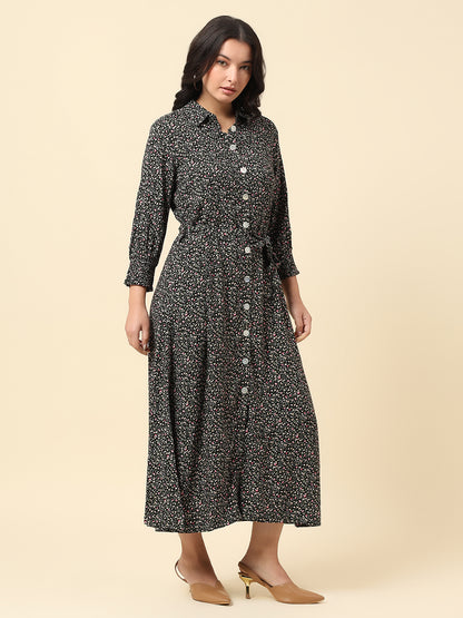 Dress for Women | Breathable & Soft with Color Fastness Regular Fit Spread Collar Viscose Rayon Fabric Printed Pattern