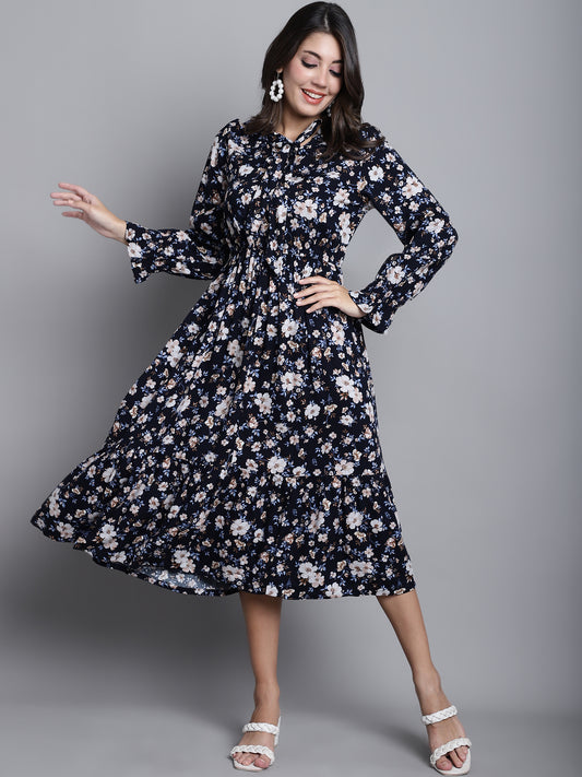 Cantabil Women Black Tie-up Neck Floral Printed 3/4th Sleeves Casual Dress (7165916446859)